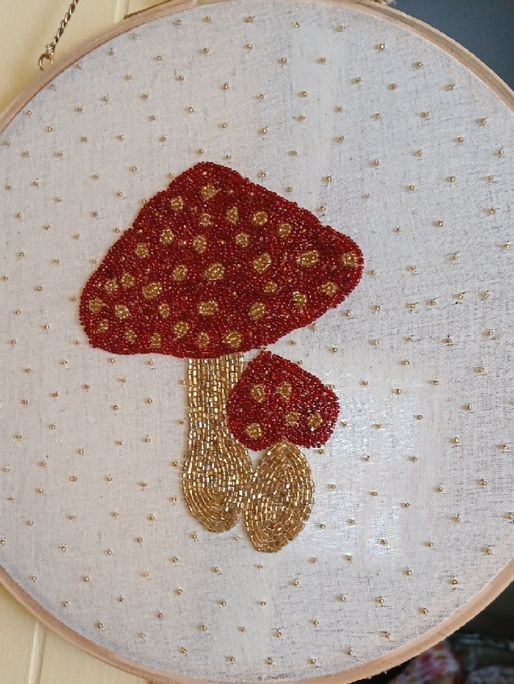 Embroidered Beaded Mushroom Hoop Wall Art - Red & Gold - Picture 6 of 6